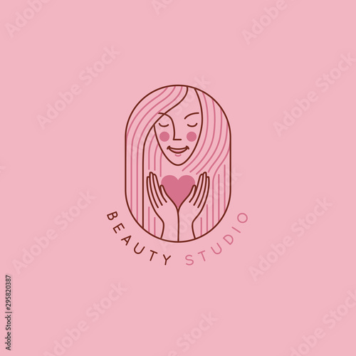 Vector abstract logo design template in trendy linear minimal style, emblem for beauty studio and cosmetics - female portrait, beautiful woman's face