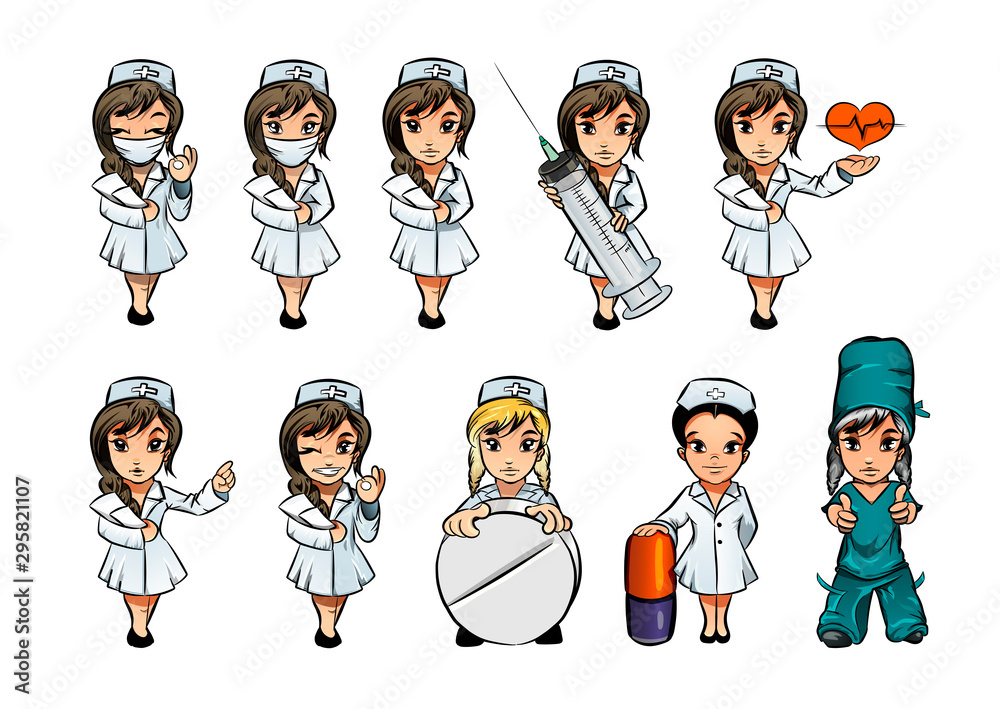Cartoon doctor and nurse vector set. Medics in uniform hold medical  syringe, red heart, in medical