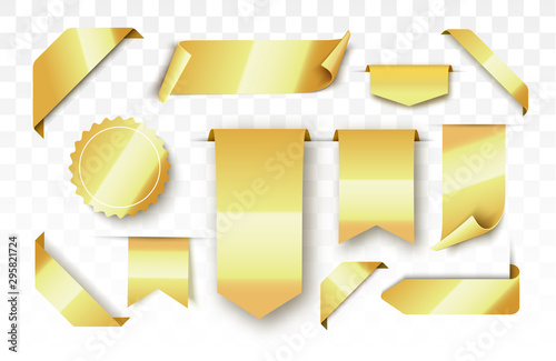Gold blank tags and ribbons. Vector