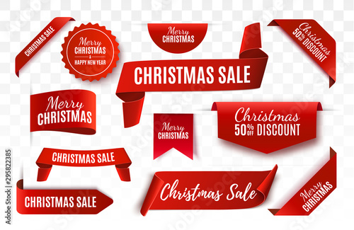 Christmas Sale Tags collection. Red scrolls and banners isolated. Merry Christmas and Happy New Year labels. Vector Price Tags illustrationr