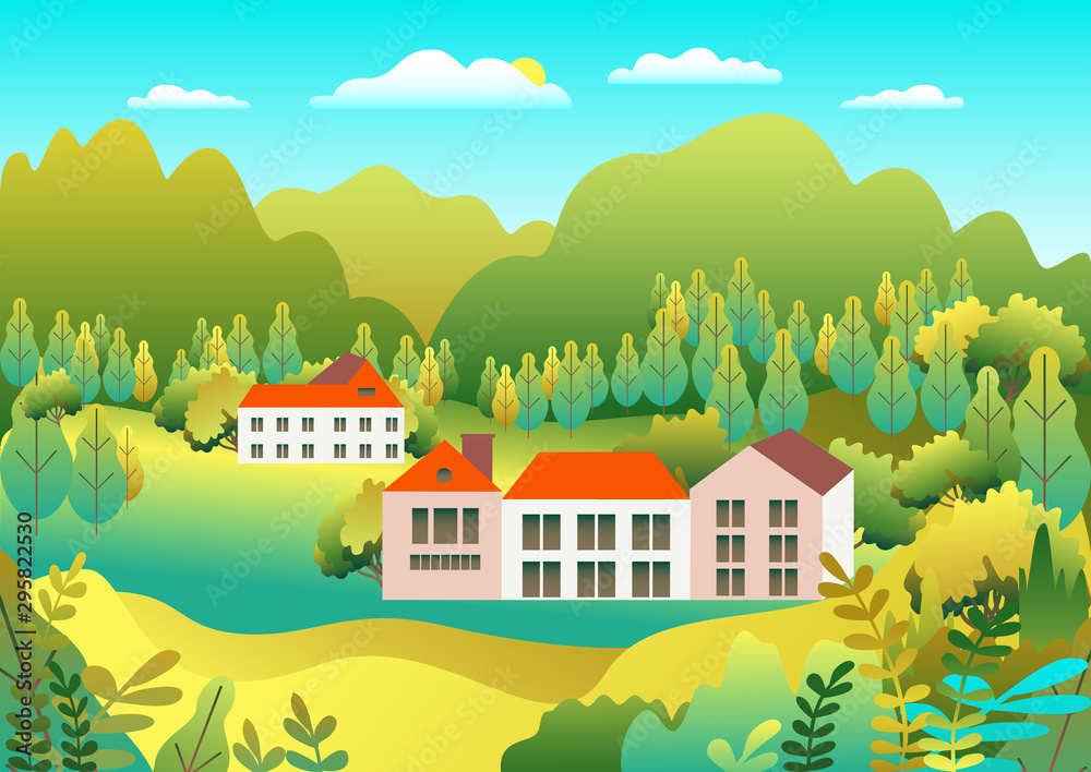 Hills and mountains landscape, house farm in flat style design. Outdoor panorama countryside illustration. Green field, tree, forest, blue sky and sun. Rural location, cartoon vector background