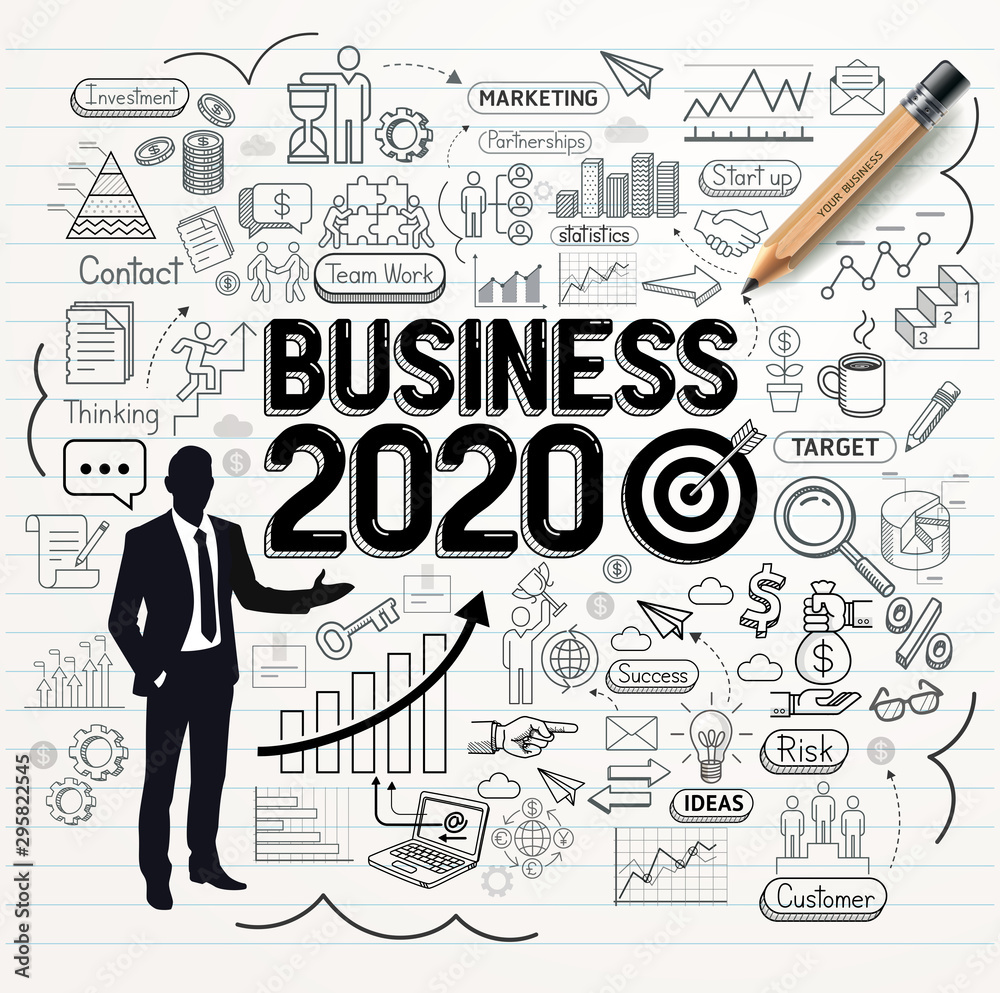 Business drawing doodles icons set. Business way 2020 Idea. Vector illustration style.