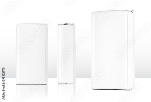 High realistic clean vertical bag mockup. Front, perspective and side view. Vector illustration isolated on white background. Easy to use for presentation your product, idea, promo, design. EPS10.