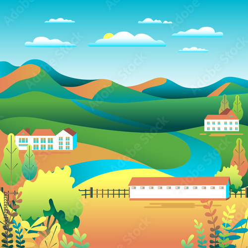 Fototapeta Naklejka Na Ścianę i Meble -  Hills and mountains landscape, house farm in flat style design. Outdoor panorama countryside illustration. Green field, tree, forest, blue sky and sun. Rural location, cartoon vector background