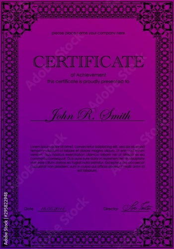Vector certificate. Template diploma currency border. Award background Gift voucher. Vector illustration. Purpure diploma