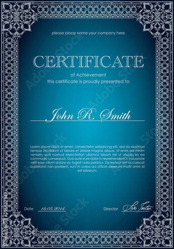 Vector certificate. Template diploma currency border. Award background Gift voucher. Vector illustration. Blue diploma