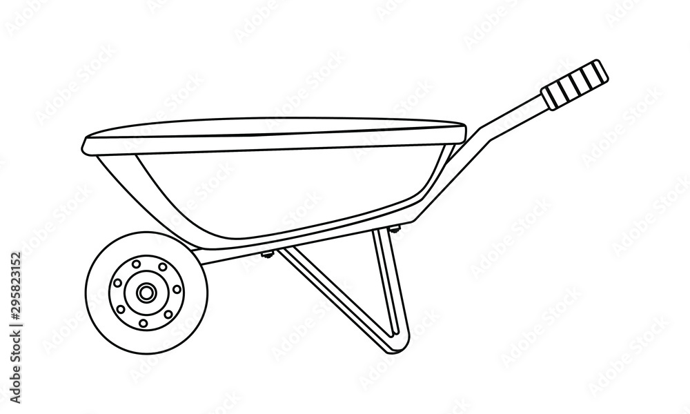 Wheelbarrow garden tool equipment side view drawn in linear style. Agriculture, gardening, truck farming. Vector image isolated on a white background. Wheelbarrow garden tool equipment side view drawn in linear style. Agriculture, gardening, truck farming. Vector image isolated on a white background.