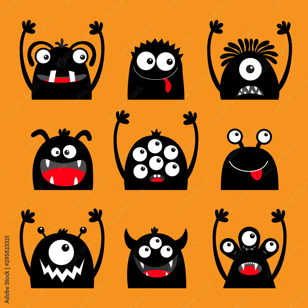 Fototapeta premium Monster black silhouette head face icon set. Eyes, tongue, tooth fang, hands up. Cute cartoon kawaii scary funny baby character. Happy Halloween. Orange background. Flat design.