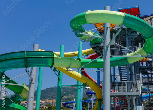 Water park with colorful slides in Gelendzhik, Russia.