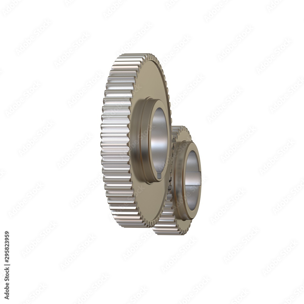 Two metal gears on a white background, isolate. 3D rendering of excellent quality in high resolution. It can be enlarged and used as a background or texture. Two metal gears on a white background, isolate. 3D rendering of excellent quality in high resolution. It can be enlarged and used as a background or texture.