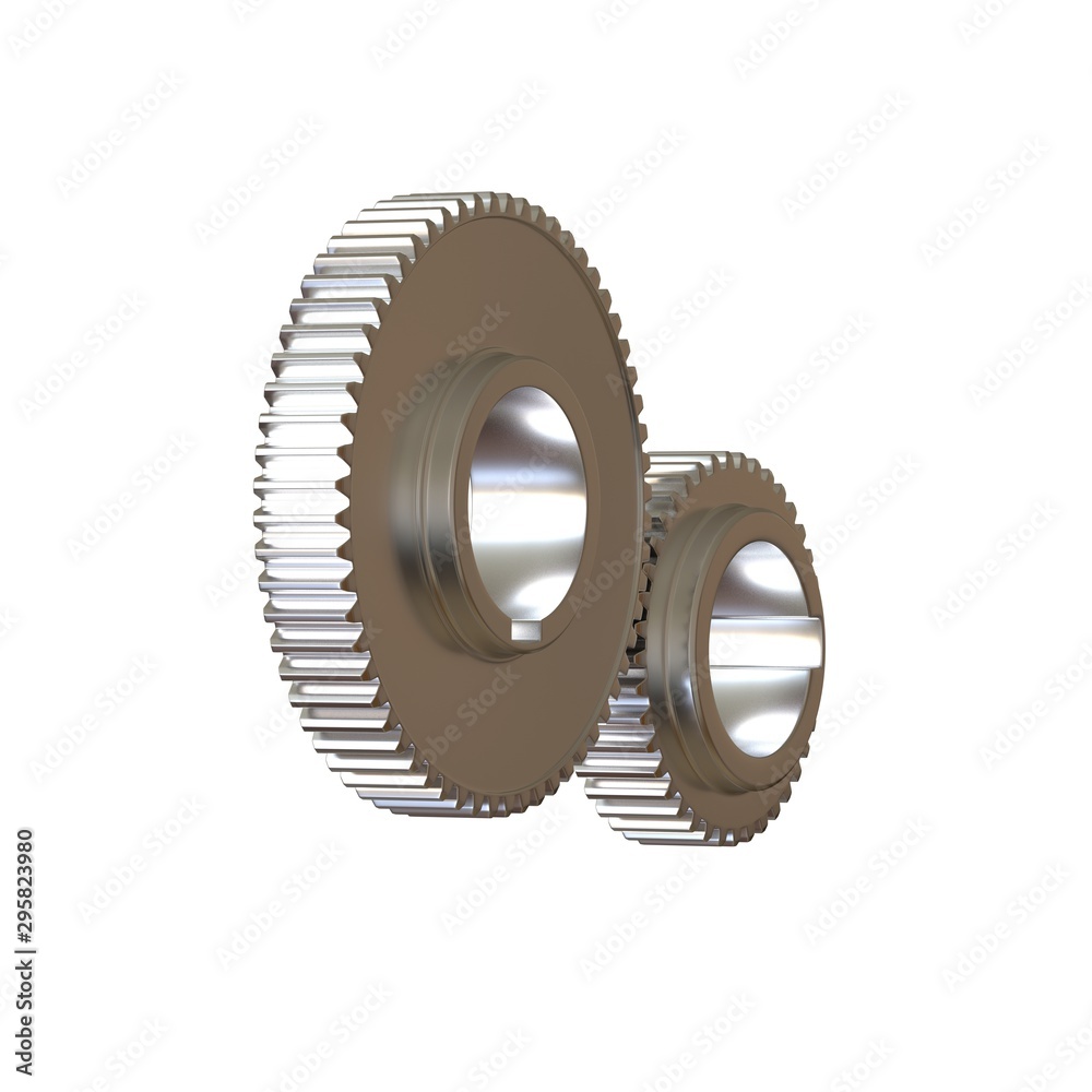 Two metal gears on a white background, isolate. 3D rendering of excellent quality in high resolution. It can be enlarged and used as a background or texture.