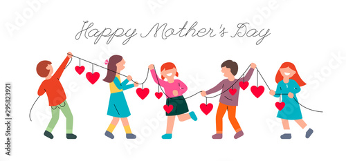 Children congratulate mothers on mother's day. Kids and a garland with hearts. Flat vector illustration, banner, template with place for text.