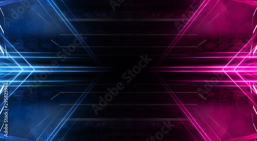 Fototapeta Naklejka Na Ścianę i Meble -  Abstract futuristic neon tunnel Dark room fluorescent bright purple and pink neon glow Virtual background space corridor shape tunnel