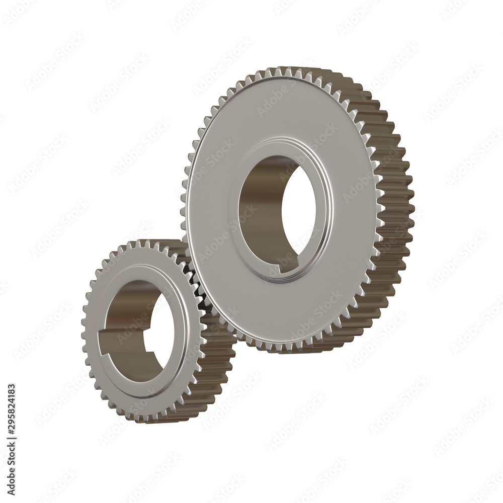 Two metal gears on a white background, isolate. 3D rendering of excellent quality in high resolution. It can be enlarged and used as a background or texture. Two metal gears on a white background, isolate. 3D rendering of excellent quality in high resolution. It can be enlarged and used as a background or texture.