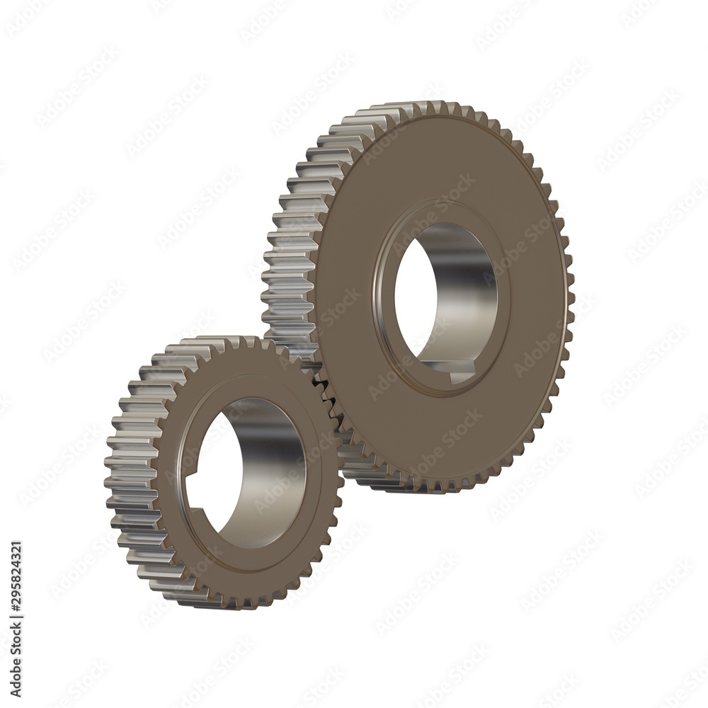 Two metal gears on a white background, isolate. 3D rendering of excellent quality in high resolution. It can be enlarged and used as a background or texture. Two metal gears on a white background, isolate. 3D rendering of excellent quality in high resolution. It can be enlarged and used as a background or texture.