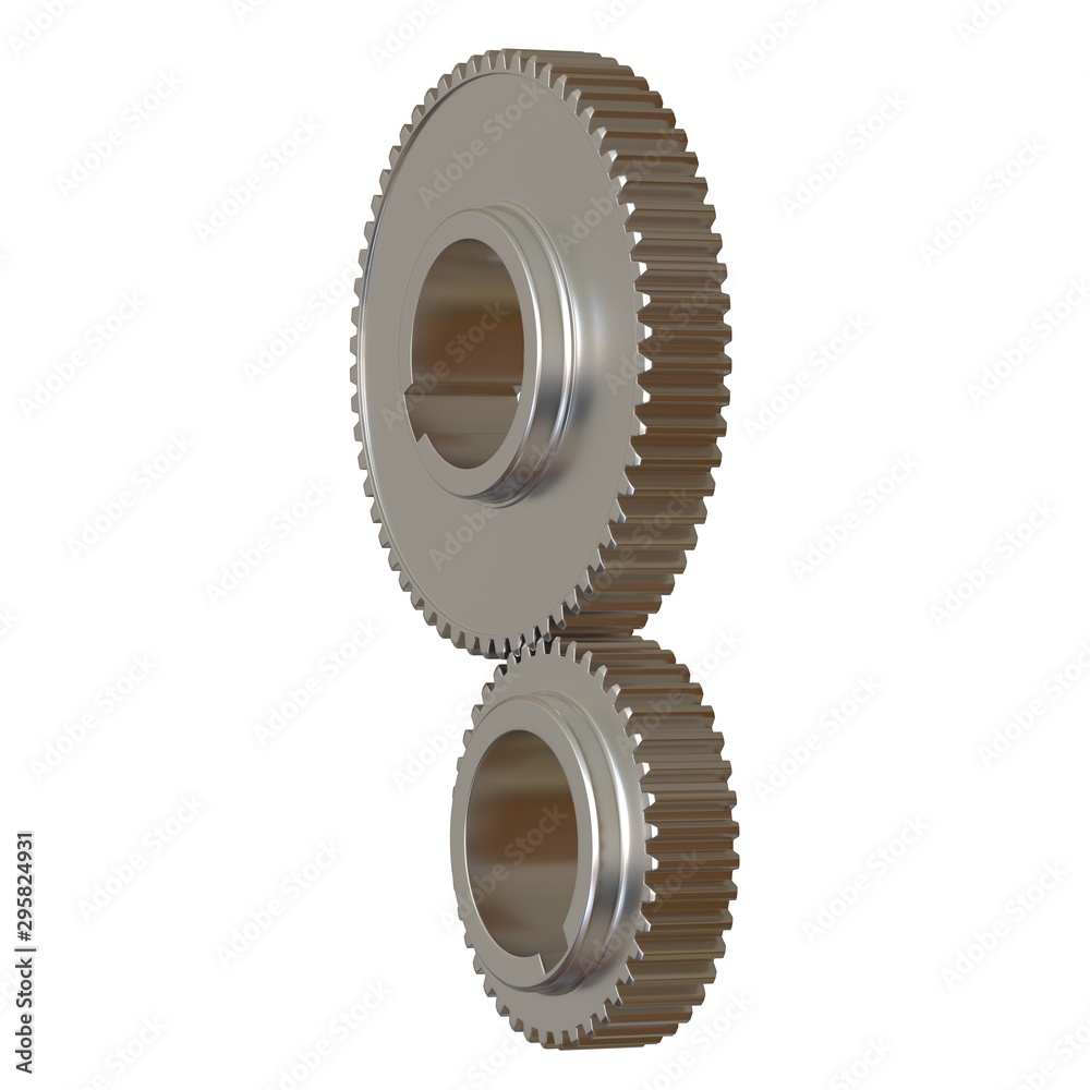 Two metal gears on a white background, isolate. 3D rendering of excellent quality in high resolution. It can be enlarged and used as a background or texture. Two metal gears on a white background, isolate. 3D rendering of excellent quality in high resolution. It can be enlarged and used as a background or texture.