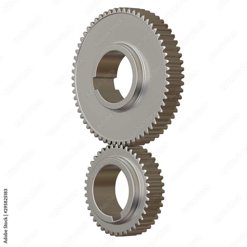 Two metal gears on a white background, isolate. 3D rendering of excellent quality in high resolution. It can be enlarged and used as a background or texture. Two metal gears on a white background, isolate. 3D rendering of excellent quality in high resolution. It can be enlarged and used as a background or texture.