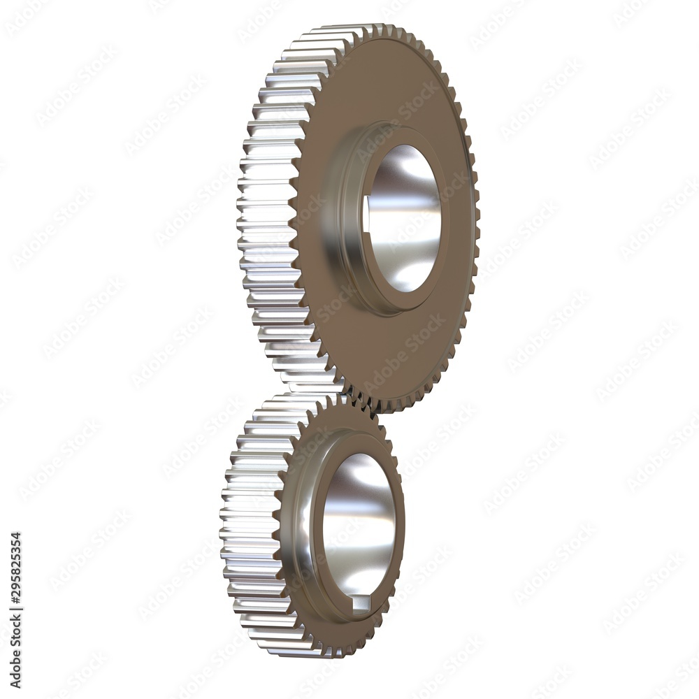 Two metal gears on a white background, isolate. 3D rendering of excellent quality in high resolution. It can be enlarged and used as a background or texture. Two metal gears on a white background, isolate. 3D rendering of excellent quality in high resolution. It can be enlarged and used as a background or texture.