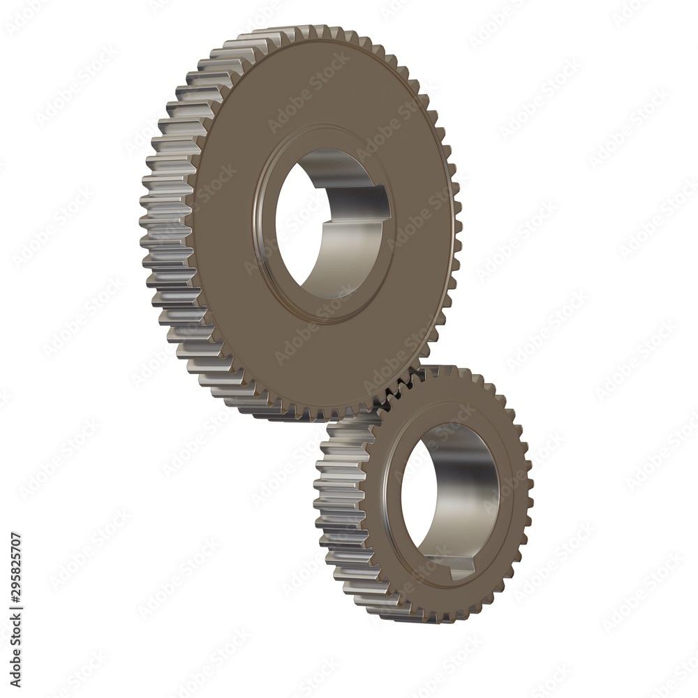 Two metal gears on a white background, isolate. 3D rendering of excellent quality in high resolution. It can be enlarged and used as a background or texture. Two metal gears on a white background, isolate. 3D rendering of excellent quality in high resolution. It can be enlarged and used as a background or texture.