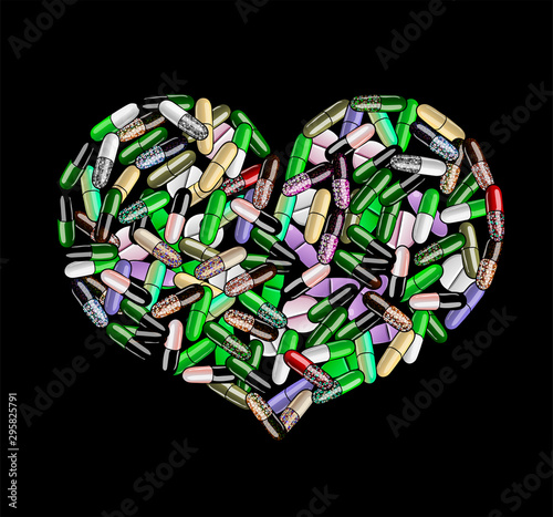 Heart made of pills, vector illustration isolated on black