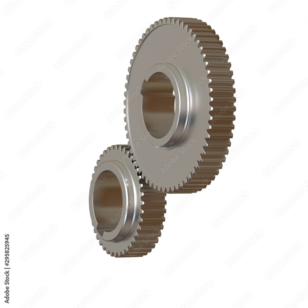 Two metal gears on a white background, isolate. 3D rendering of excellent quality in high resolution. It can be enlarged and used as a background or texture. Two metal gears on a white background, isolate. 3D rendering of excellent quality in high resolution. It can be enlarged and used as a background or texture.