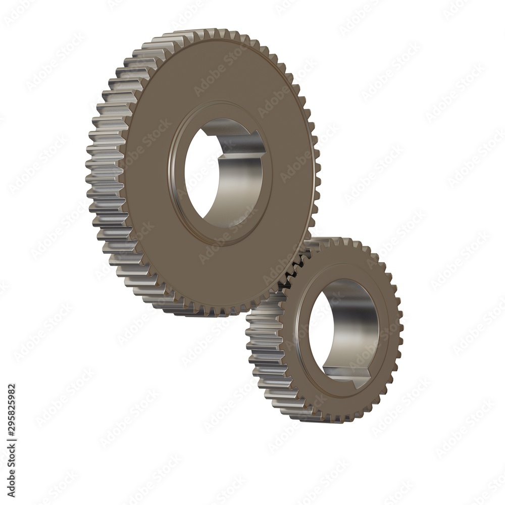 Two metal gears on a white background, isolate. 3D rendering of excellent quality in high resolution. It can be enlarged and used as a background or texture. Two metal gears on a white background, isolate. 3D rendering of excellent quality in high resolution. It can be enlarged and used as a background or texture.