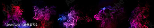 blue, red and purple swirls of smoke on black background.