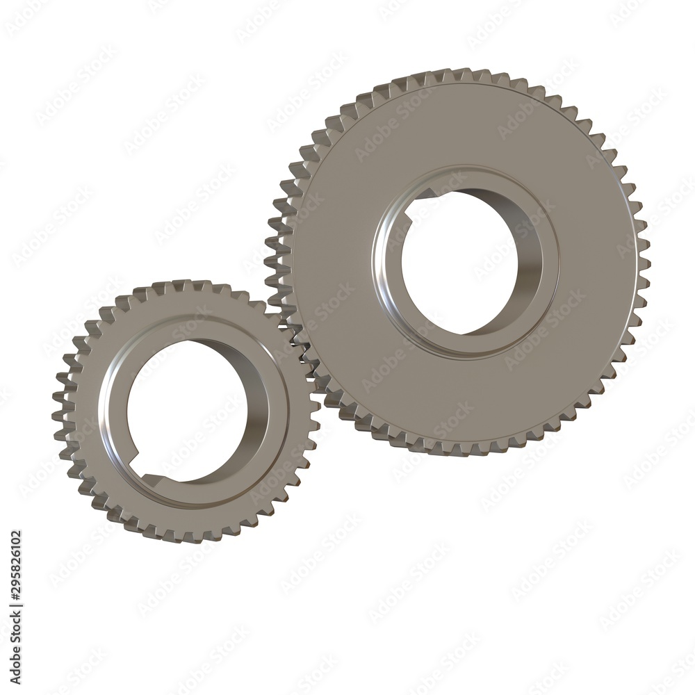 Two metal gears on a white background, isolate. 3D rendering of excellent quality in high resolution. It can be enlarged and used as a background or texture. Two metal gears on a white background, isolate. 3D rendering of excellent quality in high resolution. It can be enlarged and used as a background or texture.