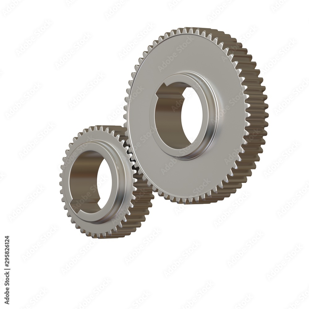 Two metal gears on a white background, isolate. 3D rendering of excellent quality in high resolution. It can be enlarged and used as a background or texture. Two metal gears on a white background, isolate. 3D rendering of excellent quality in high resolution. It can be enlarged and used as a background or texture.