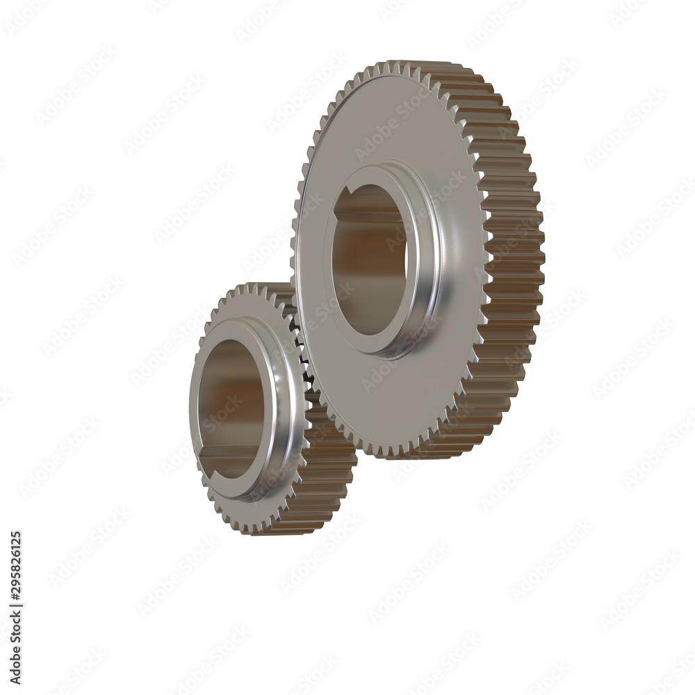 Two metal gears on a white background, isolate. 3D rendering of excellent quality in high resolution. It can be enlarged and used as a background or texture. Two metal gears on a white background, isolate. 3D rendering of excellent quality in high resolution. It can be enlarged and used as a background or texture.