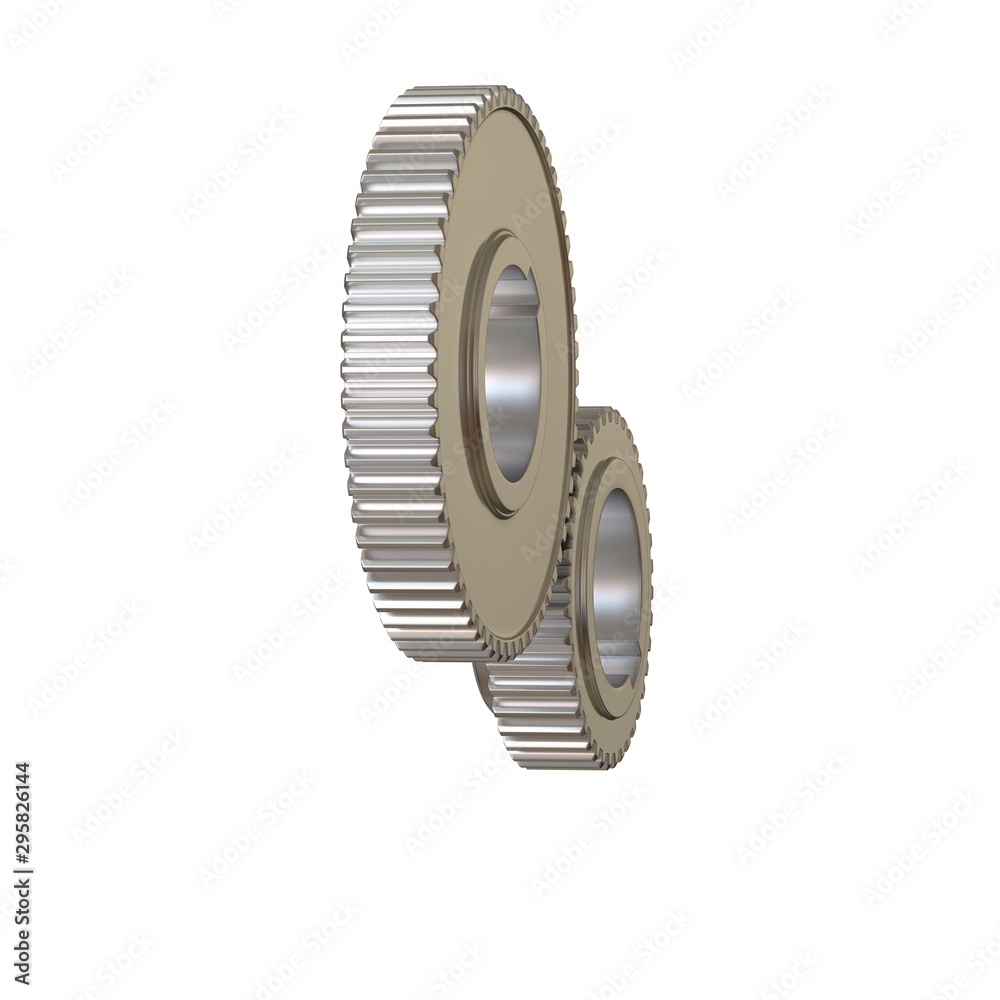 Two metal gears on a white background, isolate. 3D rendering of excellent quality in high resolution. It can be enlarged and used as a background or texture. Two metal gears on a white background, isolate. 3D rendering of excellent quality in high resolution. It can be enlarged and used as a background or texture.