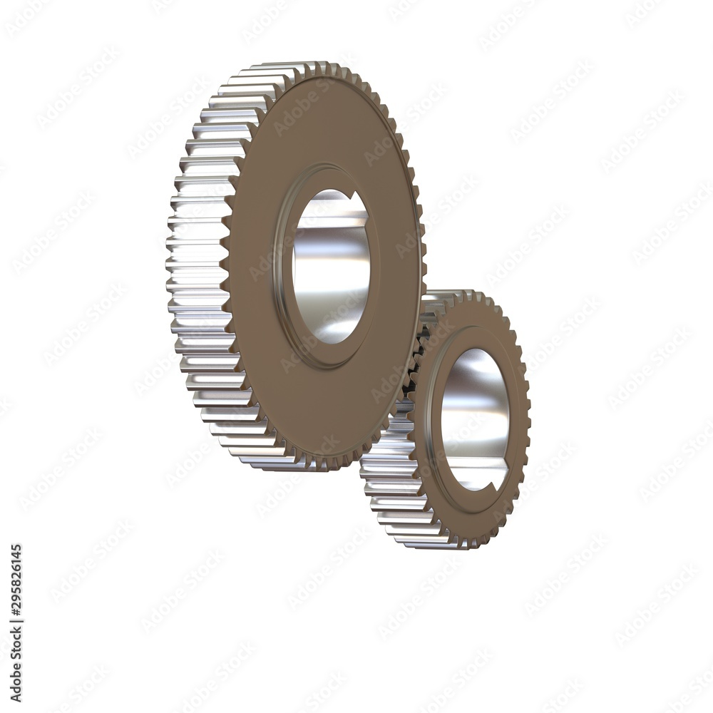 Two metal gears on a white background, isolate. 3D rendering of excellent quality in high resolution. It can be enlarged and used as a background or texture. Two metal gears on a white background, isolate. 3D rendering of excellent quality in high resolution. It can be enlarged and used as a background or texture.
