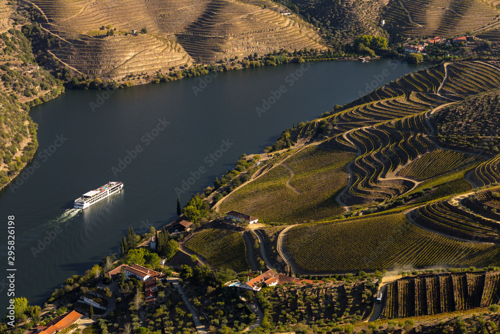 UNESCO World Heritage, a Cruise in  Douro River, Vineyards Valley in Sao Joao da Pesqueira, Viseu, Portugal. - obrazy, fototapety, plakaty 