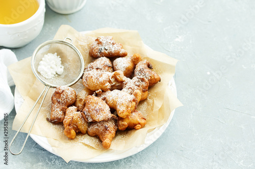 donuts with apples "Apple Fritters." Selective Focus.