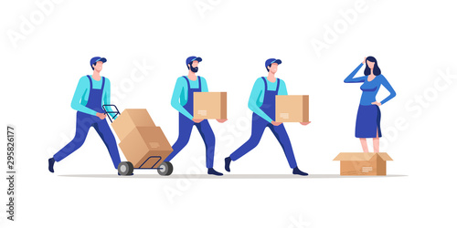 Delivery service. Movers in uniform transporting cardboard boxes. Vector illustration.