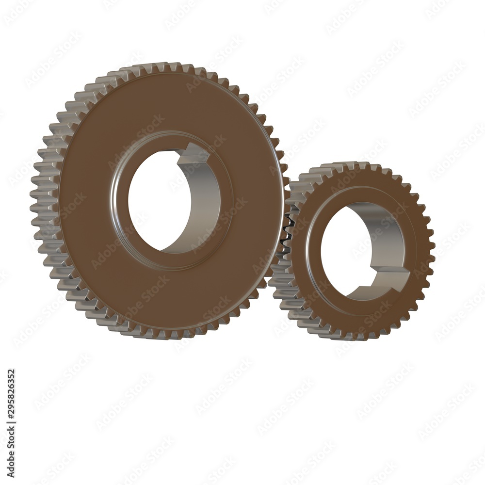 Two metal gears on a white background, isolate. 3D rendering of excellent quality in high resolution. It can be enlarged and used as a background or texture. Two metal gears on a white background, isolate. 3D rendering of excellent quality in high resolution. It can be enlarged and used as a background or texture.