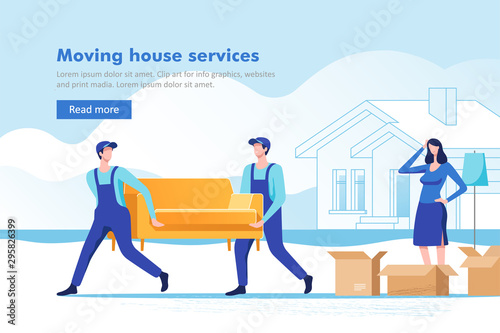 Moving home. Woman packing stuff to move to new house or apartment. Man carrying sofa. Vector illustration.