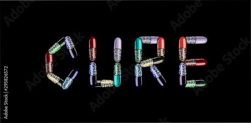 Inscription Cure made of pills and medicines,cartoon vector illustration isolated