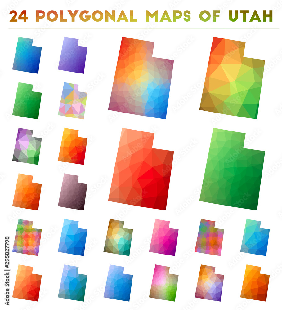 Set of vector polygonal maps of Utah. Bright gradient map of US state in low poly style. Multicolored Utah map in geometric style for your infographics. Set of vector polygonal maps of Utah. Bright gradient map of US state in low poly style. Multicolored Utah map in geometric style for your infographics.
