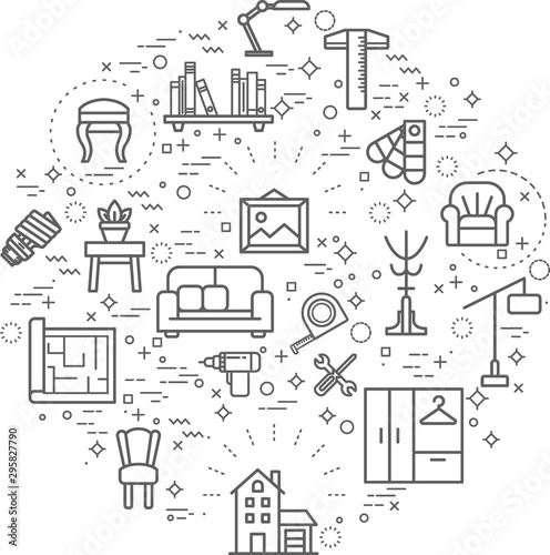 Simple Set of interior and furniture Related Vector Line Illustration. Contains such Icons as home decoration, sofa, bulb, couch and Other Elements. 