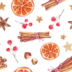 Wandcirkels Aquarel prints patronen Watercolor hand drawn Christmas seamless pattern with Christmas stockings, candy canes, Christmas decorations, stars and toys on white background. Perfect for wrapping paper, textile design, print.   © BloomPix
