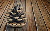 Opened Pine cone on textured wooden table
