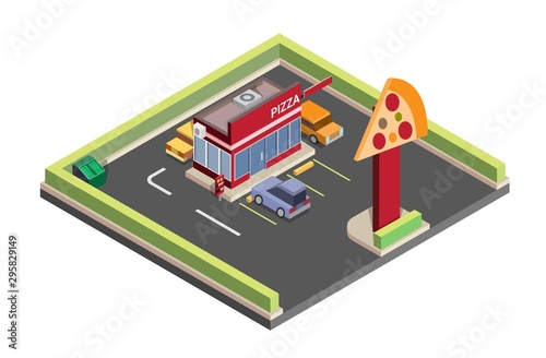 isometric illustration of pizza store with drive thru, car, icon, symbol, fast food, illustration