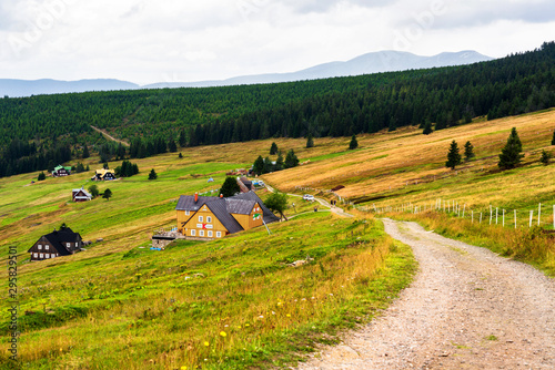 View of hiking trails and Karkonosze (Krkonose) mountains national park at the Poland and Czech Republic border.Scenic summer landscape with beautiful views. Spindlerov Mlyn is a popular tourist place photo