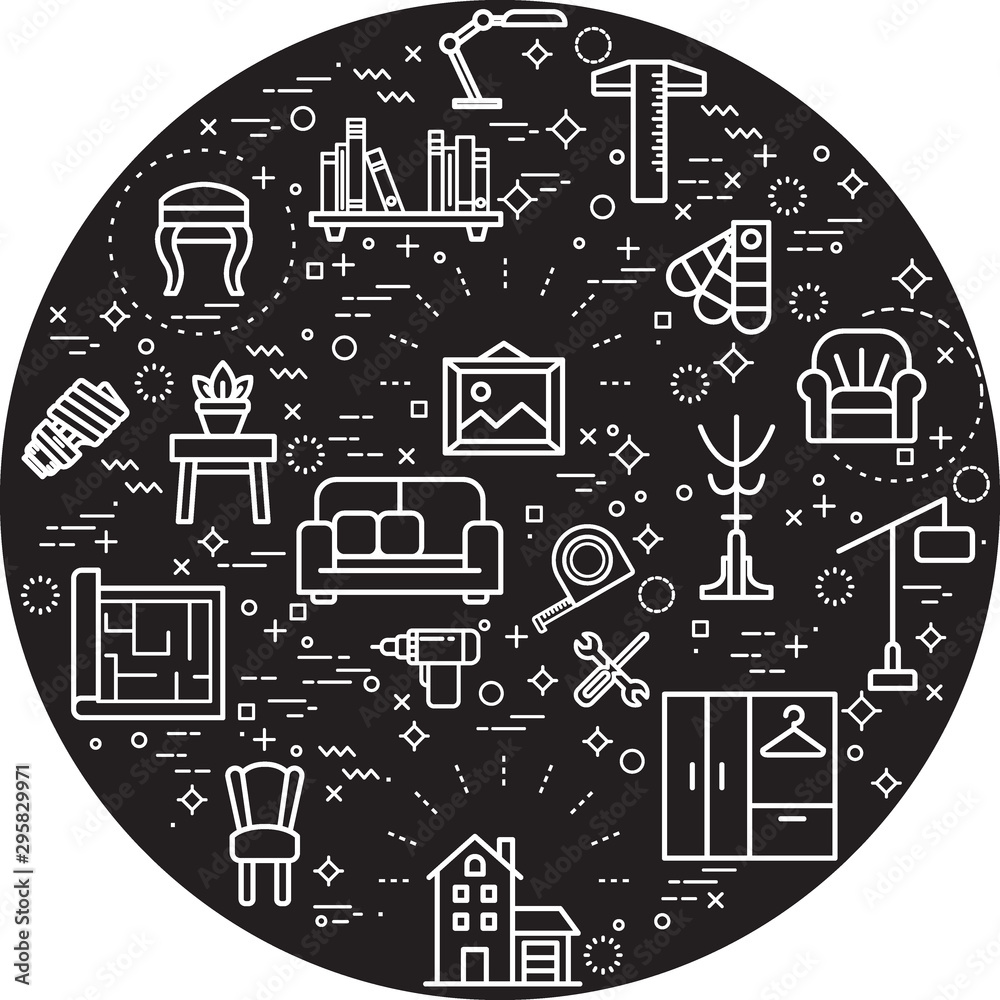Simple Set of interior and furniture Related Vector Line Illustration. Contains such Icons as home decoration, sofa, bulb, couch and Other Elements