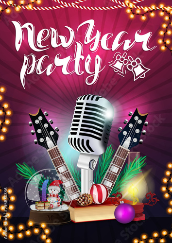 Purple New Year poster with garland, microphone and guitars