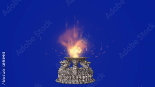 3D rendering on chroma key background of a brazier lit in stone with dragon heads.