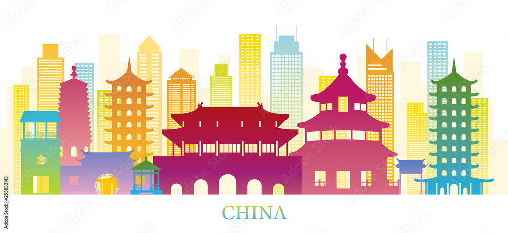 China Skyline Landmarks Colorful Silhouette Background