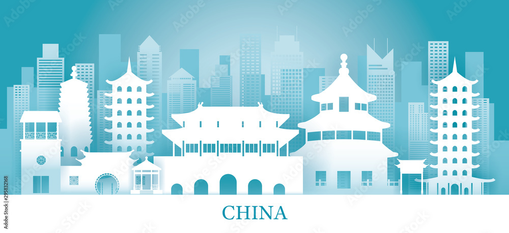 China Skyline Landmarks in Paper Cutting Style