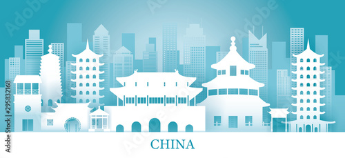 China Skyline Landmarks in Paper Cutting Style